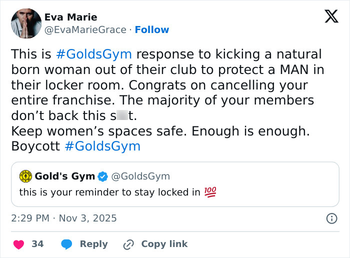 Tweet expressing backlash as users speak out after a lesbian confronted a trans woman at Gold's Gym locker room.
