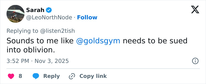 Tweet criticizing Gold&rsquo;s Gym over removal of lesbian woman after confrontation with alleged trans woman in ladies&rsquo; room.