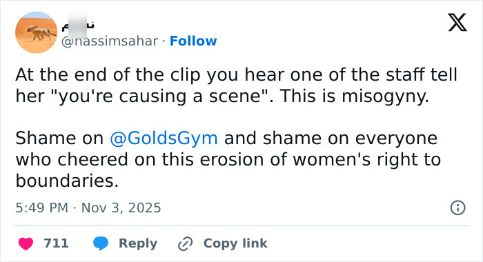 Tweet criticizing Gold's Gym for removing lesbian who confronted alleged trans woman, highlighting women's rights and boundary issues.