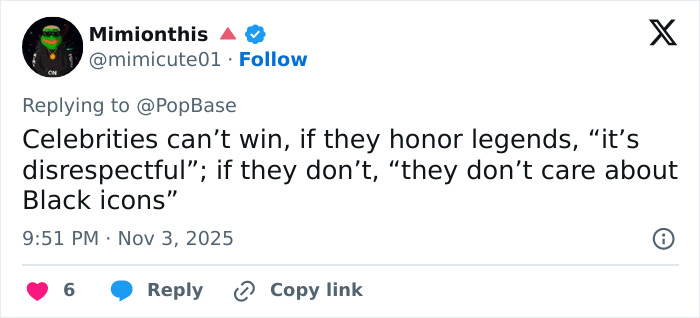 Tweet expressing frustration over backlash against Winnie Harlow for Whitney Houston Halloween look controversy.