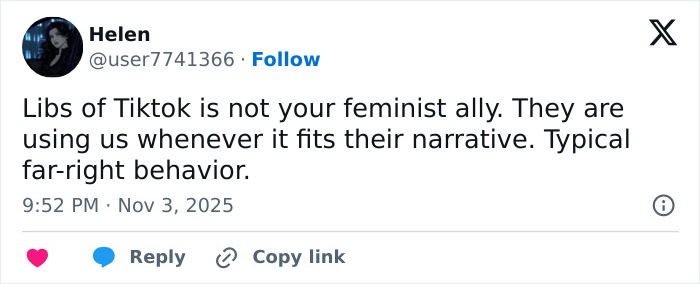 Tweet about feminist allyship and far-right behavior amidst uproar over lesbian confronting alleged trans woman in ladies room at gym.