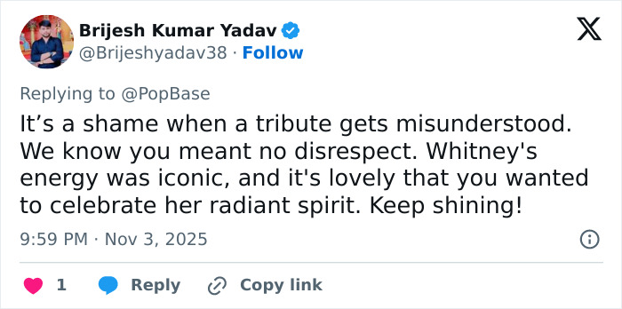 Tweet response addressing backlash over Winnie Harlow&rsquo;s Whitney Houston Halloween look controversy.