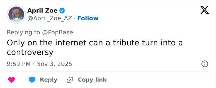 Screenshot of a tweet replying to controversy over Winnie Harlow's Whitney Houston Halloween look backlash.