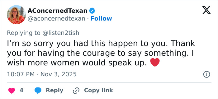 Tweet from AConcernedTexan expressing sympathy and support for women speaking up about gym removal incident involving lesbian and trans woman confrontation.