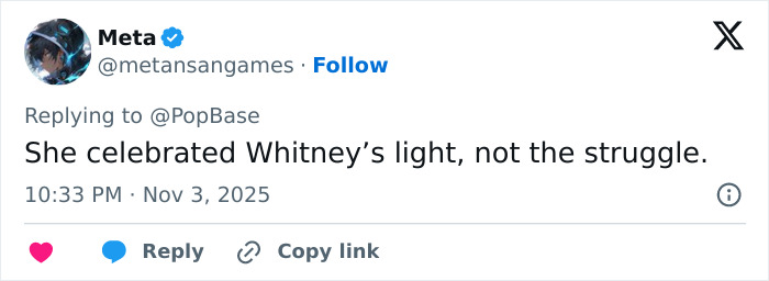 Screenshot of a tweet responding to backlash over Winnie Harlow&rsquo;s controversial Whitney Houston Halloween look.