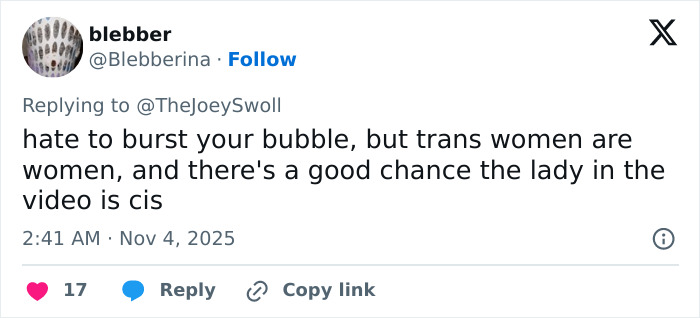 Tweet reply discussing trans women in response to Joey Swoll's Gold's Gym trans locker controversy opinion. Tweet reply discussing trans women in response to Joey Swoll's Gold's Gym trans locker controversy opinion.