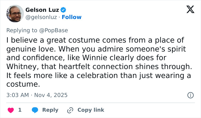 Screenshot of a tweet discussing Winnie Harlow&rsquo;s response to backlash over her Whitney Houston Halloween look.
