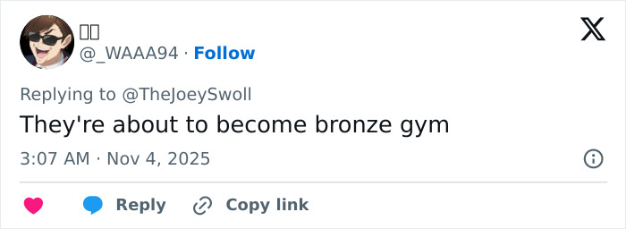 Twitter reply about gym controversy, referencing bronze achievement amid uproar over lesbian removed from gym incident