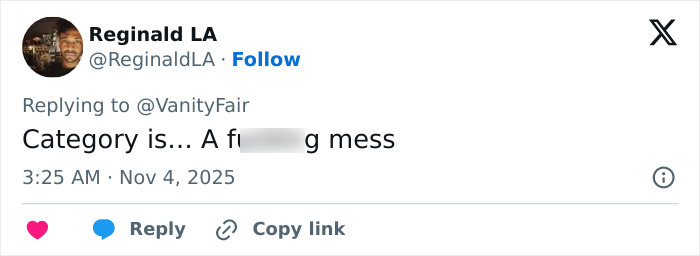 Twitter user Reginald LA responds to Vanity Fair, calling Lily Allen&rsquo;s CFDA fashion look a complete mess amid drama.