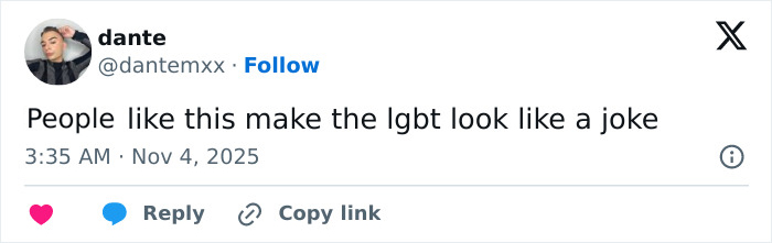 Screenshot of a social media post criticizing the LGBT community amid uproar over lesbian removed from gym dispute.