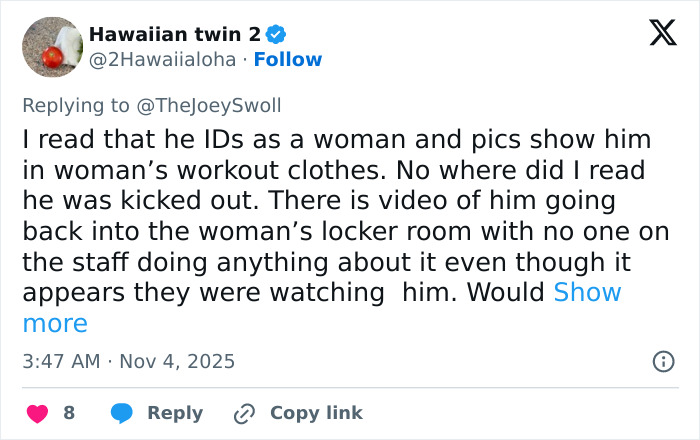 Screenshot of a Twitter reply discussing Joey Swoll’s opinion on Gold's Gym trans locker room controversy. Screenshot of a Twitter reply discussing Joey Swoll’s opinion on Gold's Gym trans locker room controversy.