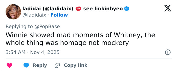 Screenshot of a tweet defending Winnie Harlow&rsquo;s Whitney Houston Halloween look amid massive backlash.