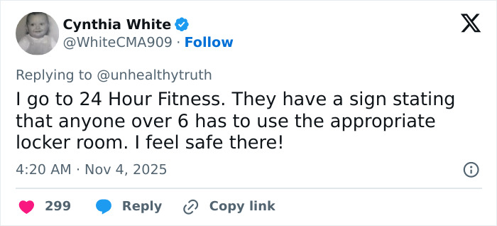 Tweet by Cynthia White responding to backlash as users speak out after lesbian confronted trans woman at Gold's Gym.