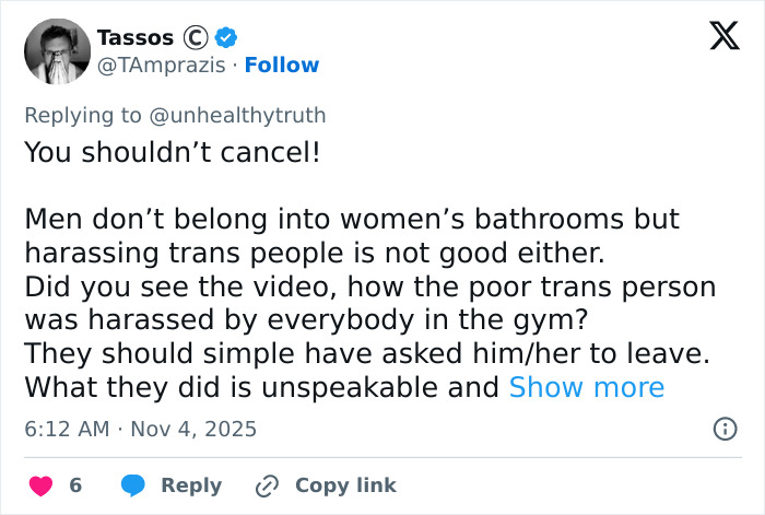 Tweet discussing backlash after a lesbian confronted a trans woman at Gold's Gym, highlighting user reactions.