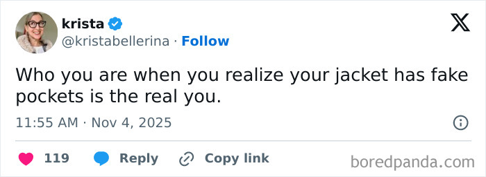 Screenshot of a relatable X post humorously about fake jacket pockets, part of hilarious and relatable X posts collection.
