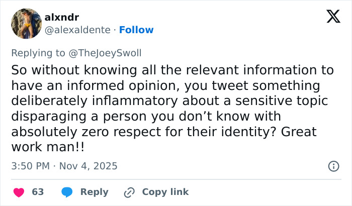 Tweet criticizing Joey Swoll’s opinion on Gold’s Gym trans locker controversy causing public backlash. Tweet criticizing Joey Swoll’s opinion on Gold’s Gym trans locker controversy causing public backlash.