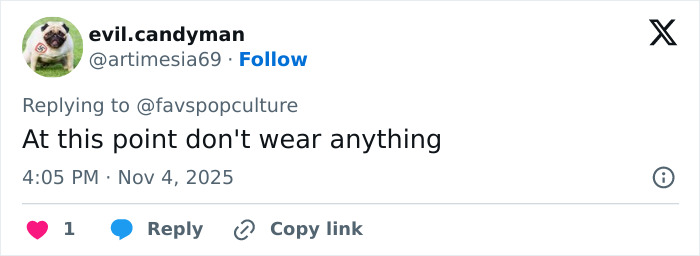 Twitter user evil.candyman replying to a tweet with a comment on Lily Allen&rsquo;s CFDA fashion look sparking online debate.