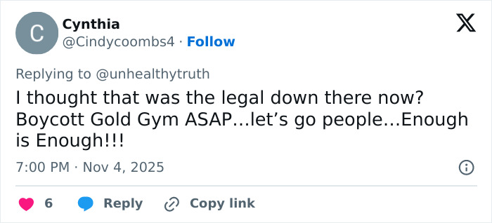 Tweet from Cynthia urging a boycott of Gold&rsquo;s Gym amid backlash as users speak out after lesbian confronted trans woman.
