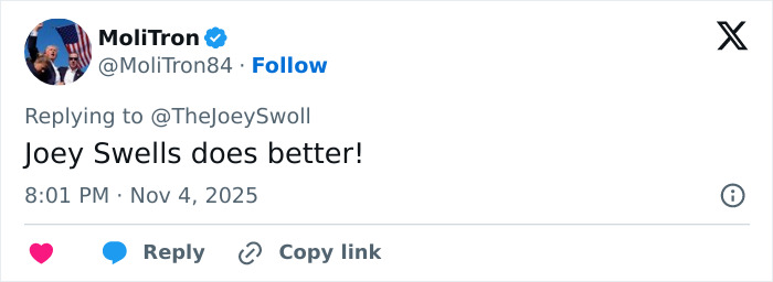 Tweet reply to Joey Swoll’s comment on Gold's Gym trans locker controversy sparking mass fury, posted at 8:01 PM on Nov 4, 2025. Tweet reply to Joey Swoll’s comment on Gold's Gym trans locker controversy sparking mass fury, posted at 8:01 PM on Nov 4, 2025.