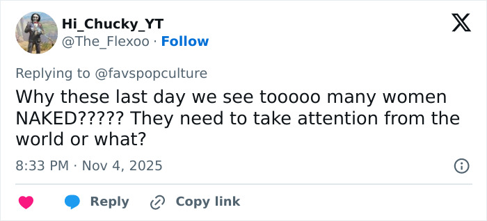 Twitter user expressing concern about women&rsquo;s revealing fashion and attention-seeking amid Lily Allen&rsquo;s CFDA fashion look debate.