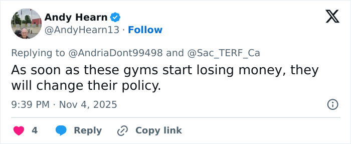 Tweet by Andy Hearn discussing backlash and user reactions after a confrontation at Gold's Gym involving a trans woman.