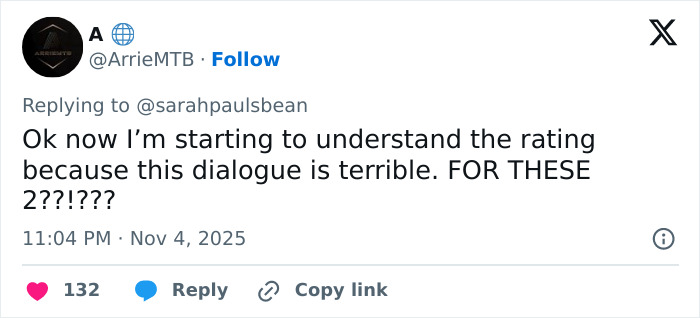 Screenshot of a tweet criticizing dialogue quality highlighting the worst scenes from All's Fair after premiere reviews. Screenshot of a tweet criticizing dialogue quality highlighting the worst scenes from All's Fair after premiere reviews.