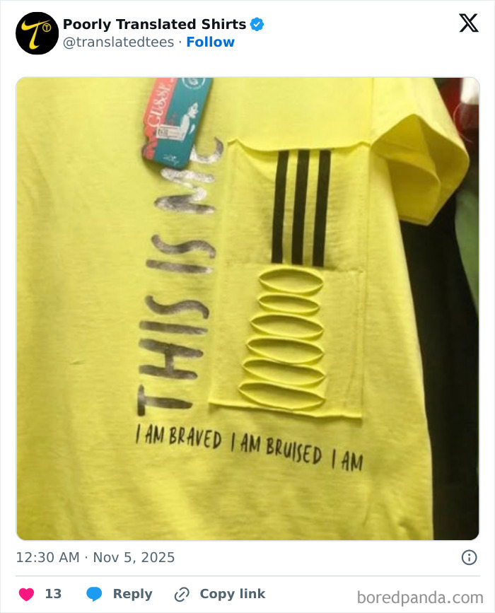Yellow T-shirt with poorly translated English text and decorative pocket design, showcasing funny English T-shirts worldwide.