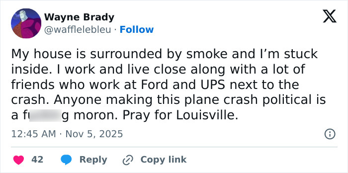 Tweet from Wayne Brady describing being stuck inside his smoke-surrounded house near terrifying UPS plane crash with multiple casualties.