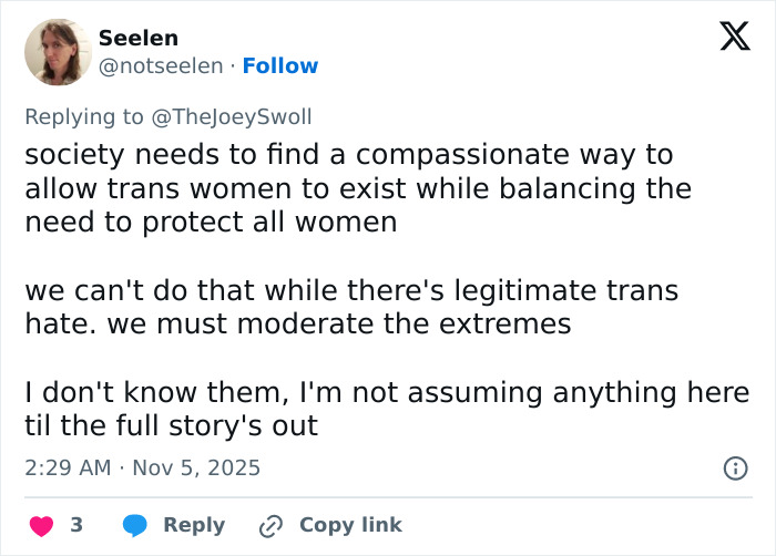 Tweet discussing the Gold's Gym trans locker controversy with focus on Joey Swoll’s opinion and resulting public reaction. Tweet discussing the Gold's Gym trans locker controversy with focus on Joey Swoll’s opinion and resulting public reaction.