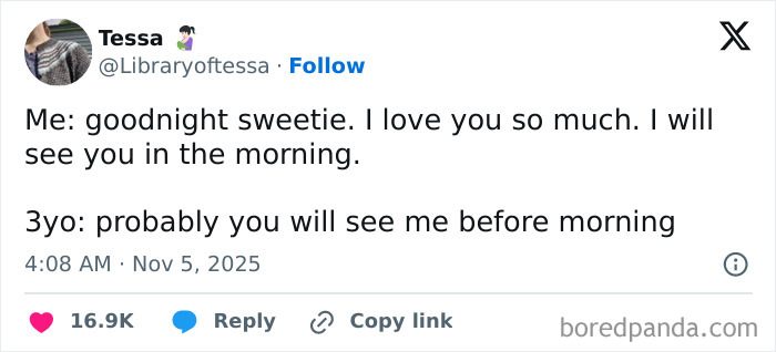 Tweet from a parent sharing a funny moment with their child during quiet time, highlighting funny tweets parents.