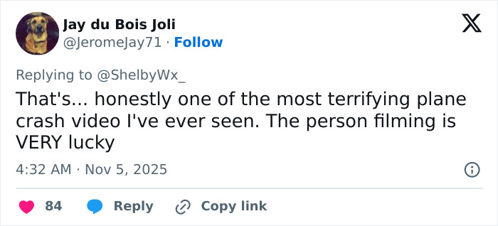 Alt text: User tweet describing terrifying UPS plane crash footage as one of the most harrowing videos seen, praising the lucky filmer.