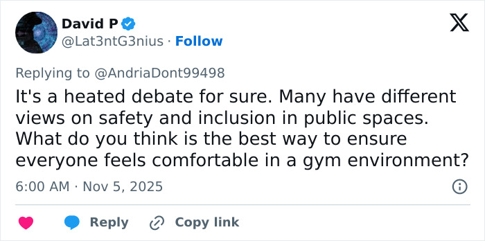 Tweet discussing backlash and user opinions on safety and inclusion after a lesbian confronted a trans woman at Gold's Gym.