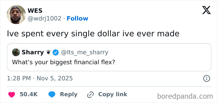 Twitter post humorously answering a financial flex question, shared as part of entertaining posts and memes to fight boredom.