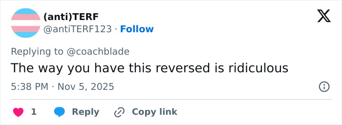 Twitter user (anti)TERF replying to a comment, expressing disagreement on a topic related to Gold's Gym trans locker controversy. Twitter user (anti)TERF replying to a comment, expressing disagreement on a topic related to Gold's Gym trans locker controversy.