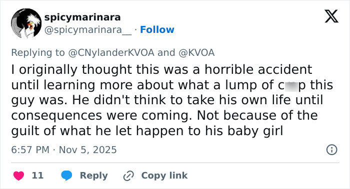 Tweet criticizing dad who fatally left 2YO daughter in car before sentencing, expressing anger and disbelief at his actions. Tweet criticizing dad who fatally left 2YO daughter in car before sentencing, expressing anger and disbelief at his actions.