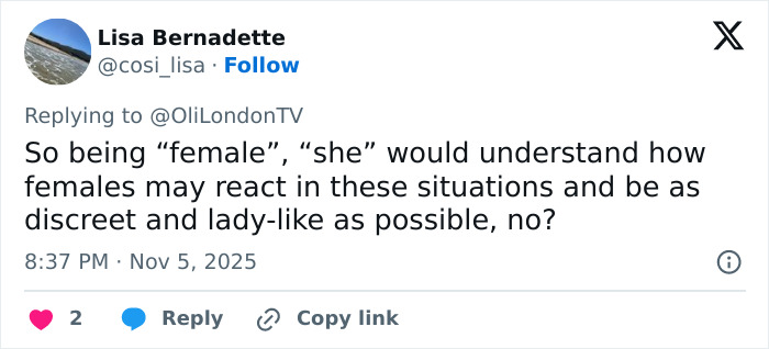 Twitter reply from user Lisa Bernadette discussing reactions of females in sensitive gym locker room situations.