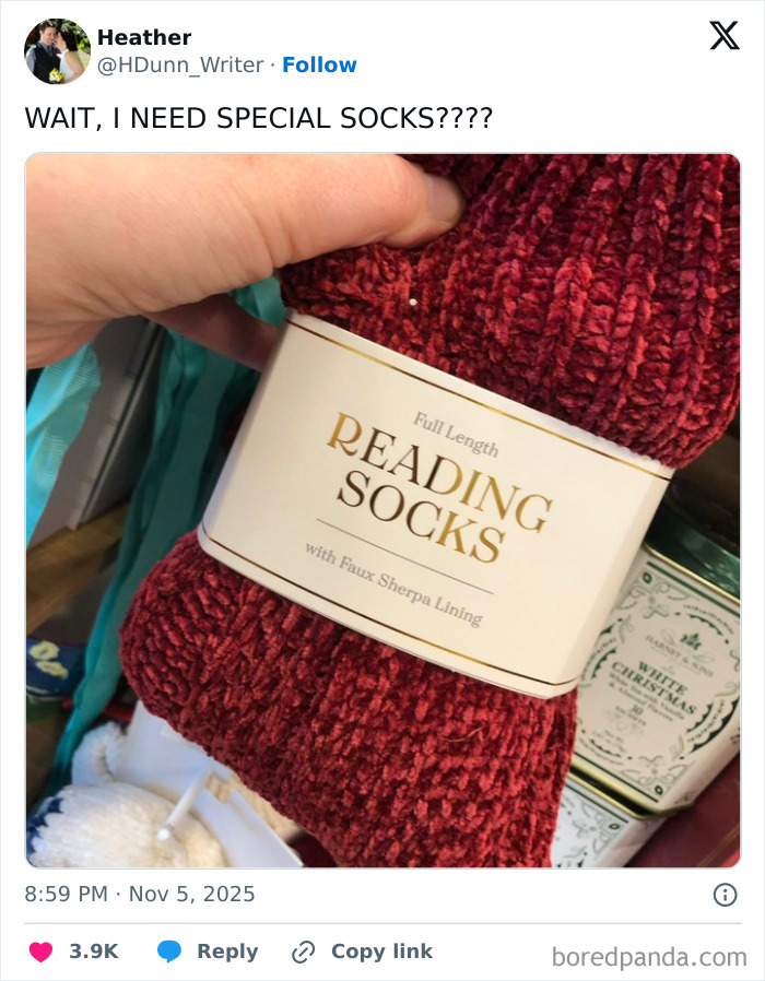 Hand holding a pair of red reading socks with faux sherpa lining shown in a humorous relatable X post.