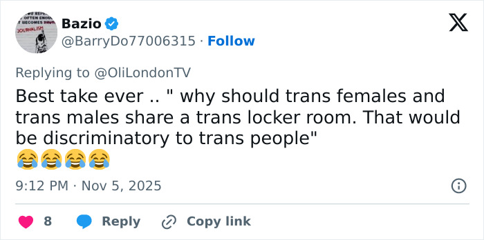 Screenshot of a tweet discussing trans woman confronted in gym locker room and the debate over trans locker room access.