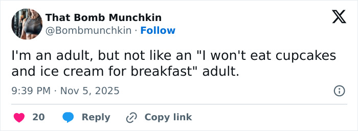A humorous X post about adulting and breakfast choices, reflecting relatable content from November.