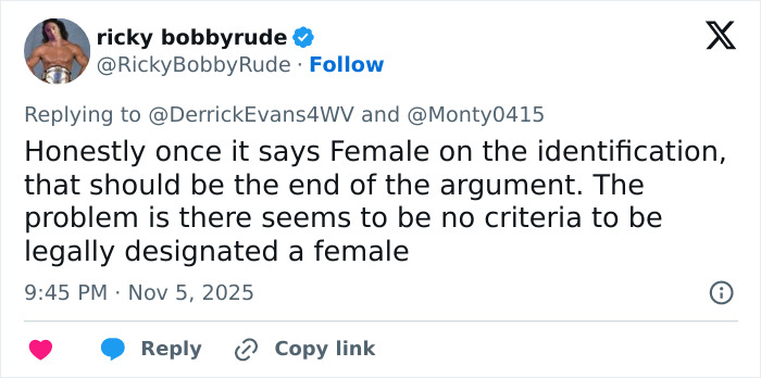 Tweet discussing issues around legal designation of female identity in the context of trans woman confronted in gym locker room.