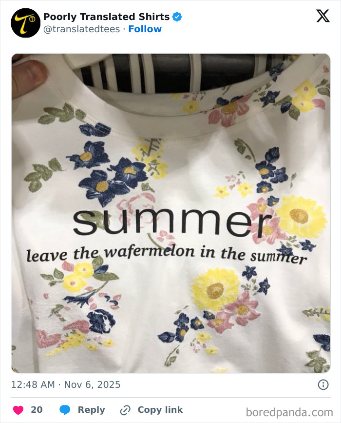 White floral English T-shirt with funny mistranslation text about summer and watermelon, showcasing lost in translation humor.