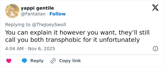 Tweet reply to Joey Swoll discussing Gold's Gym trans locker controversy and the accusation of transphobia sparked by his opinion. Tweet reply to Joey Swoll discussing Gold's Gym trans locker controversy and the accusation of transphobia sparked by his opinion.