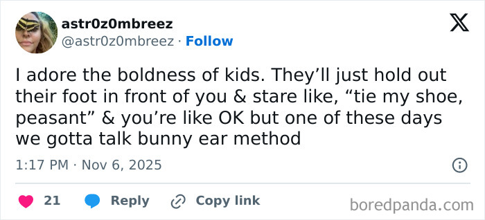 Screenshot of a relatable X post from November featuring a humorous tweet about kids’ boldness and funny demands.