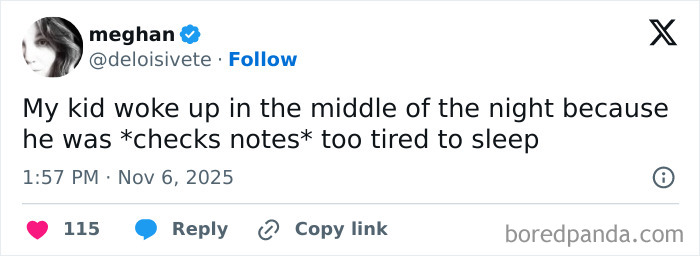 Screenshot of a funny tweet from a parent about their kid being too tired to sleep, illustrating quiet time moments.