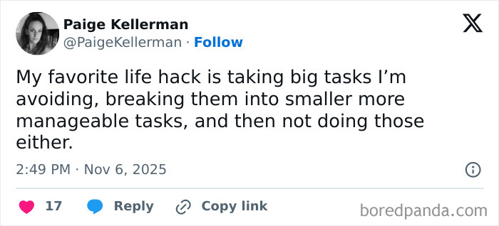Screenshot of a relatable X post joking about breaking big tasks into smaller ones and then avoiding them, humorous X content.