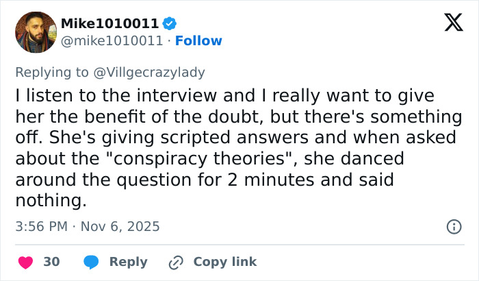 User tweet discussing Erika Kirk’s Fox interview fueling theories about knowing the real culprit is still free. User tweet discussing Erika Kirk’s Fox interview fueling theories about knowing the real culprit is still free.