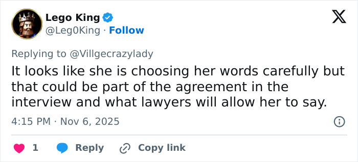 Tweet by Lego King discussing Erika Kirk’s Fox interview suggesting she chooses words carefully amid legal constraints. Tweet by Lego King discussing Erika Kirk’s Fox interview suggesting she chooses words carefully amid legal constraints.