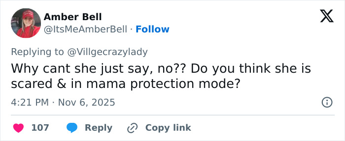 Tweet by Amber Bell questioning if Erika Kirk is scared and in protection mode, fueling theories about the real culprit being free. Tweet by Amber Bell questioning if Erika Kirk is scared and in protection mode, fueling theories about the real culprit being free.