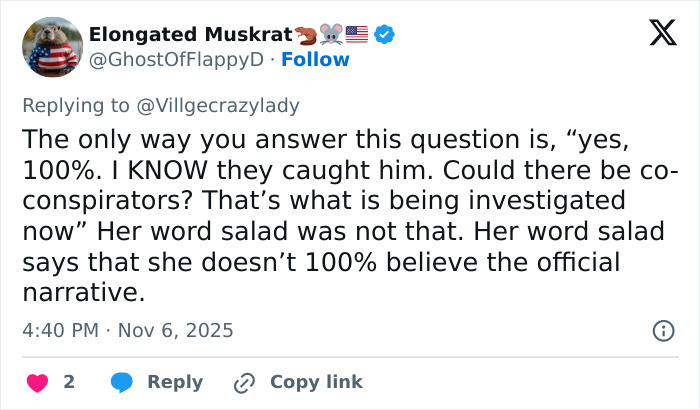 Screenshot of a Twitter reply discussing Erika Kirk’s interview and theories about the real culprit still being free. Screenshot of a Twitter reply discussing Erika Kirk’s interview and theories about the real culprit still being free.