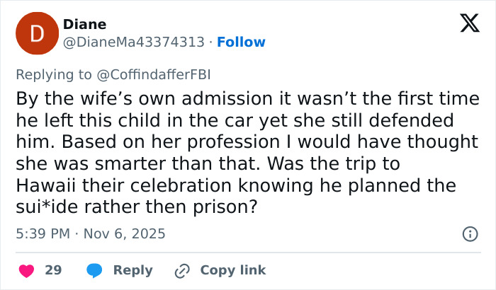 Tweet discussing a father leaving his child in a hot car and the tragic consequences involving his s*****e.